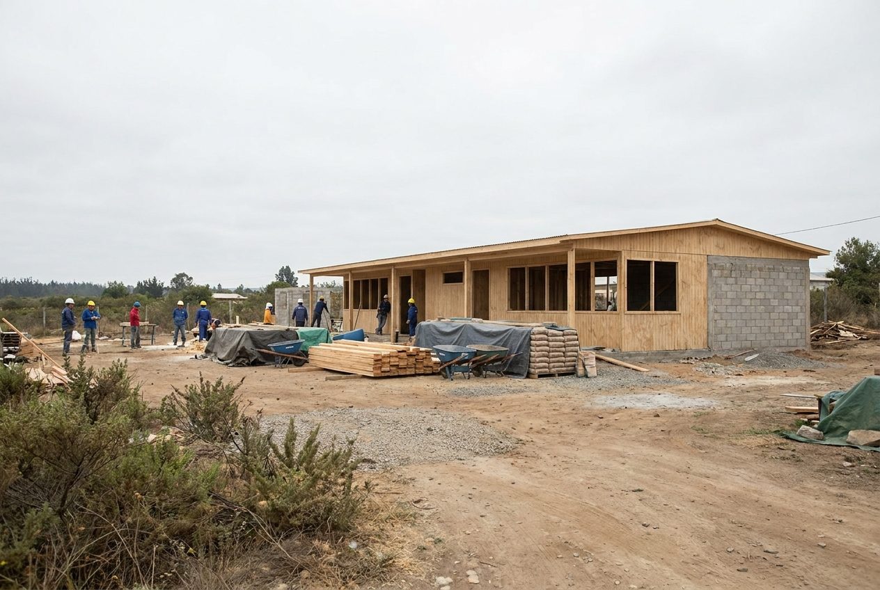 A community building under construction on cleared ground, timber frame and fresh earth, neutral daylight, documentary and plain.