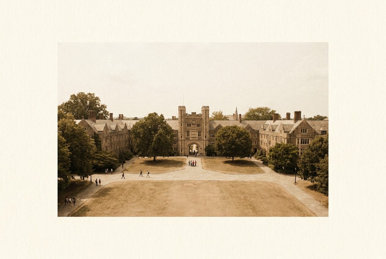 A calm tree lined avenue leading to a pale institutional building, warm soft daylight on cream toned ground, dignified and orderly.