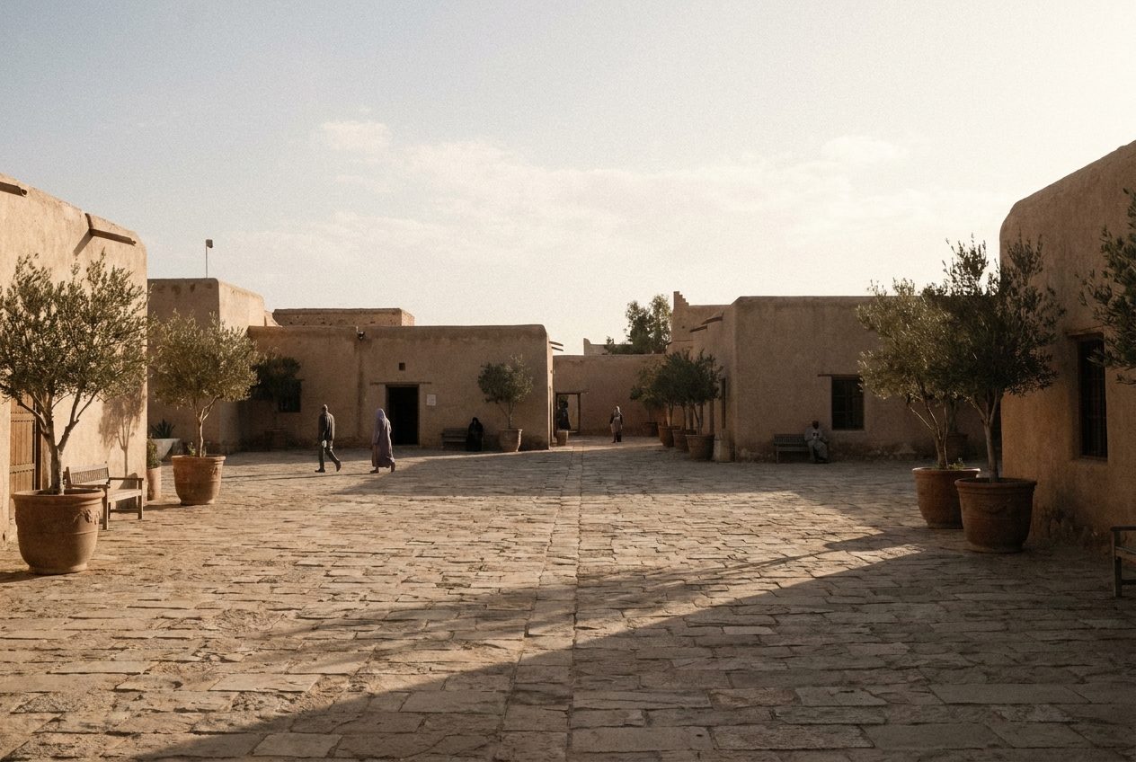 A warm earthen courtyard enclosed by simple ochre buildings, long soft shadows in late afternoon light, quiet and unpeopled.